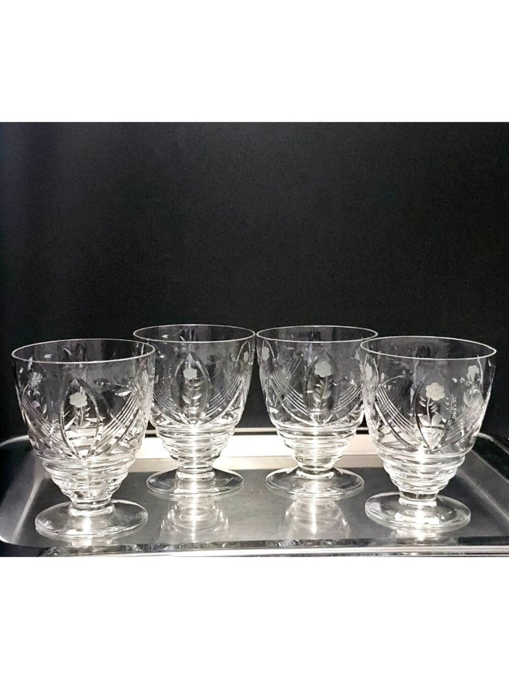 4 Vintage Rock Sharpe Etched Crystal Cocktail Glasses Floral Barware 5oz glasswa